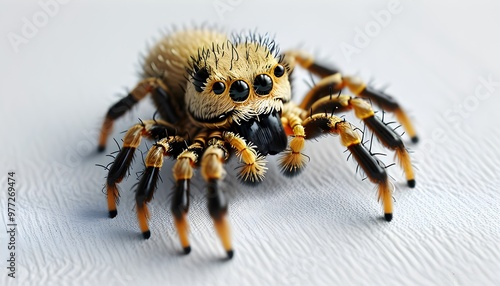 Playful 3D spiderling with fuzzy legs on a clean white canvas photo