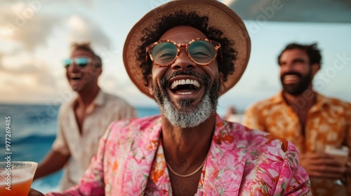 A group of friends enjoys a tropical boat party, dressed in colorful shirts and sipping cocktails; the vibrant atmosphere is underscored by the ocean backdrop.