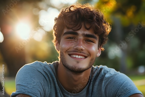 Smiling young man in a gray t-shirt outdoors, sun shining through the trees in the background 