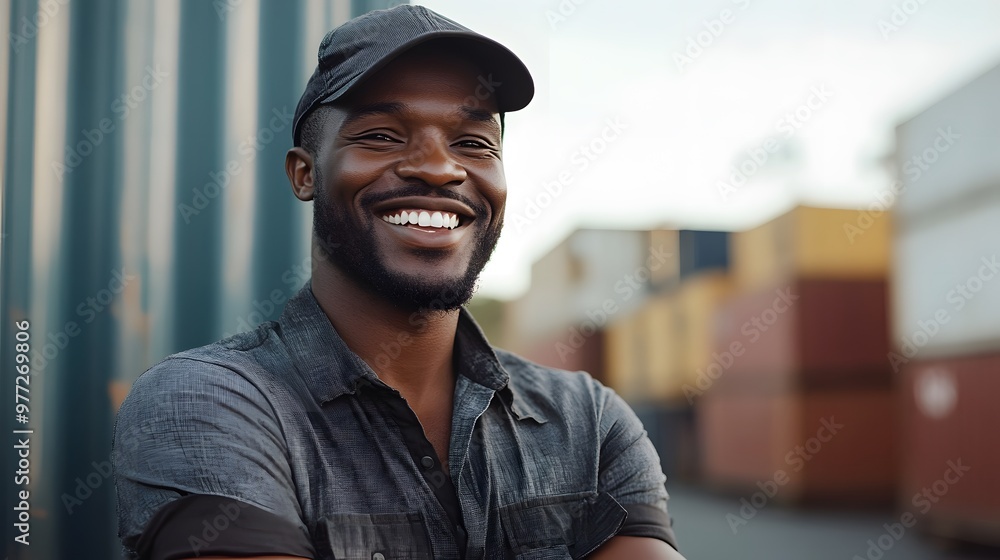 Fototapeta premium Smiling truck driver in a cap standing in front of cargo containers, outdoor setting 