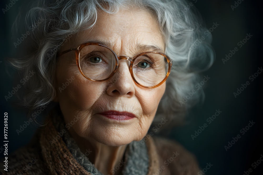 Portrait of elderly woman with glasses, curly grey hair, in soft lighting Portrait of elderly woman with glasses, curly grey hair, in soft lighting