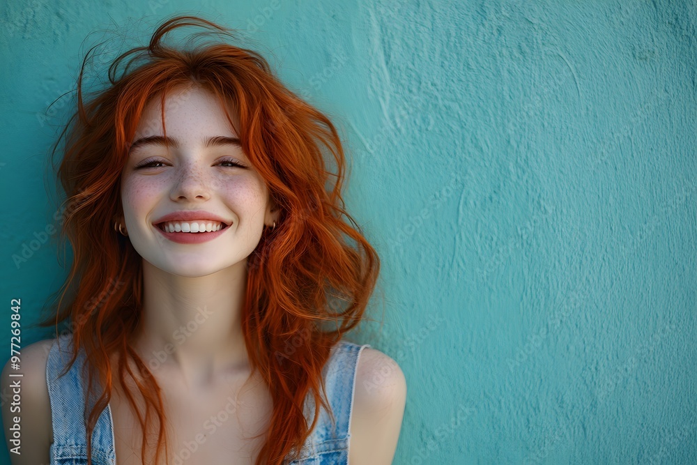Smiling young redhead woman with freckles standing against a turquoise wall Smiling young redhead woman with freckles standing against a turquoise wall