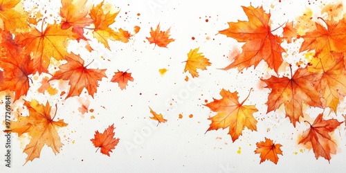 Watercolor Maple Leaves in Autumn Breeze on White Background