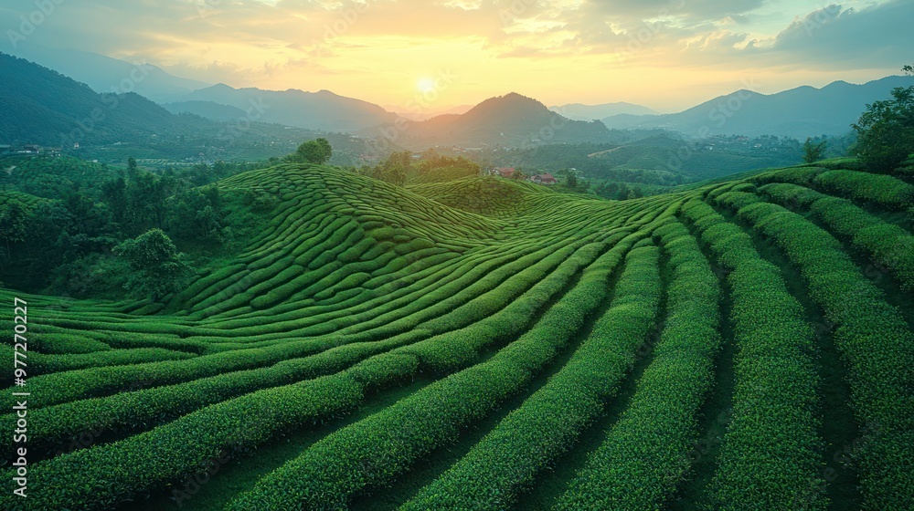 Agricultural area green tea on mountain Chiang rai Thailand, Aerial view of the mountainous area where the tea plantations are located. Agricultural area green tea on mountain Chiang rai Thailand, Aerial view of the mountainous area where the tea plantations are located.