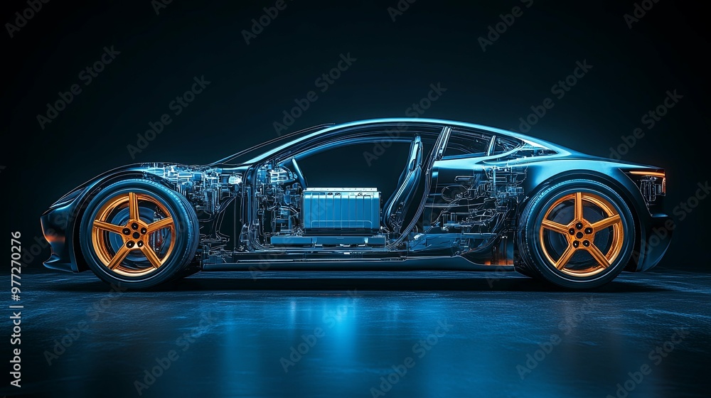 X-Ray View of a Blue Electric Sports Car with Gold Wheels X-Ray View of a Blue Electric Sports Car with Gold Wheels