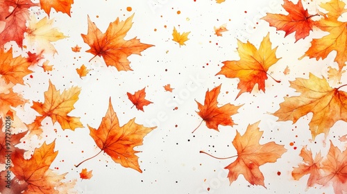 Watercolor Maple Leaves in Autumn Breeze on White Background