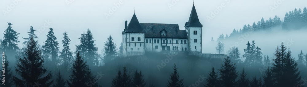 A mysterious castle shrouded in fog, surrounded by dense forest, creating an eerie and enchanting atmosphere. A mysterious castle shrouded in fog, surrounded by dense forest, creating an eerie and enchanting atmosphere.
