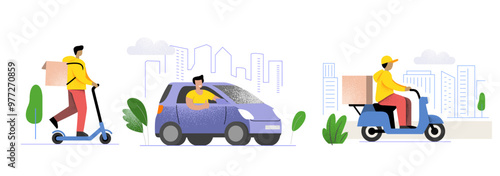 Delivery person travels by car, electric scooter and scooter against backdrop of city. Flat style