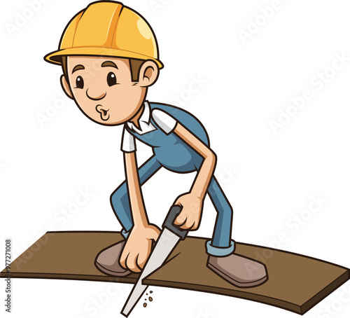 Cartoon bad carpenter cutting board he is standing on vector illustration
