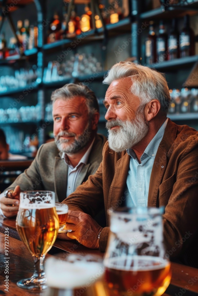 Two friends enjoying beers together at a bar Two friends enjoying beers together at a bar