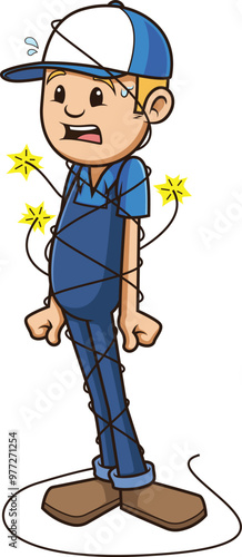 Cartoon bad electrician tangled in electrical wire vector illustration