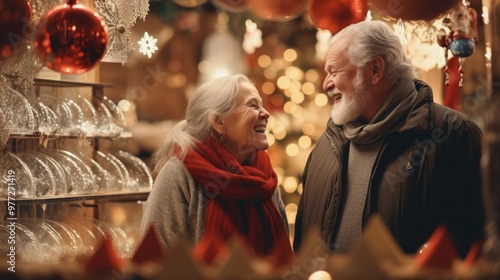 American Old Couple Enjoying Christmas Evening and Smiling Together. Fictional Characters Created By Generative AI.