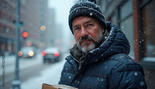 Portrait of a man on a city street while it's snowing