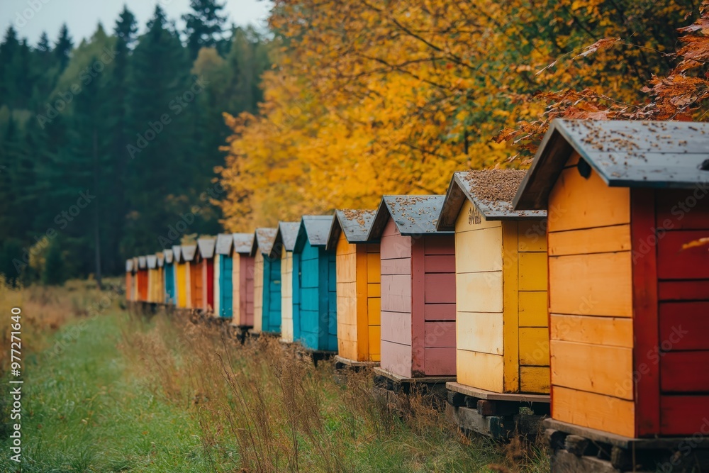 Colorful beehives line a rural path, set against vibrant autumn trees in a peaceful, natural setting