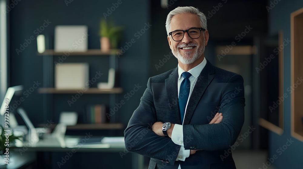 Fototapeta premium Confident Businessman with Arms Crossed Smiling in Office