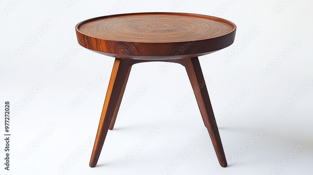 A small wooden side table with a round top and tripod legs on a white background A small wooden side table with a round top and tripod legs on a white background