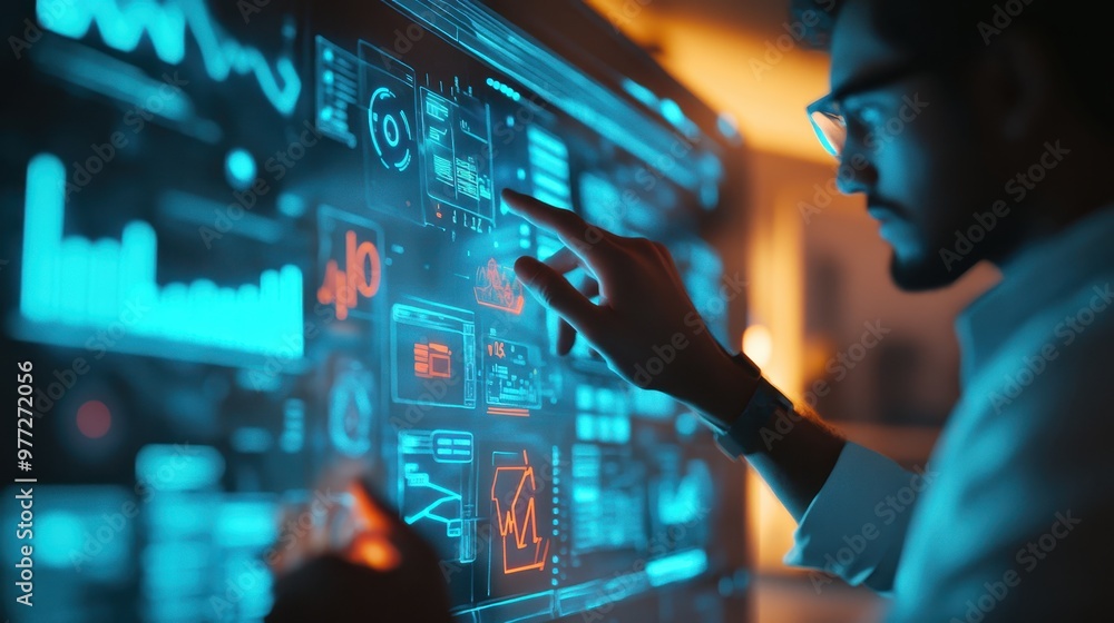 Close-up of an employee using a holographic interface to track salary and budgeting goals, glowing neon blue charts, soft background blur, modern office, 3D render. Close-up of an employee using a holographic interface to track salary and budgeting goals, glowing neon blue charts, soft background blur, modern office, 3D render.