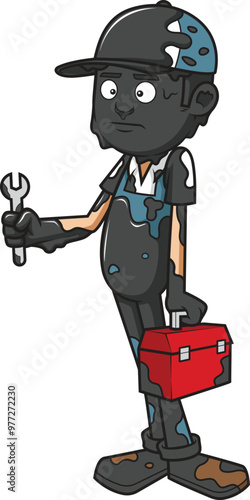 Cartoon bad mechanic covered in oil vector illustration