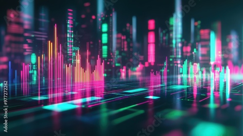 Close-up of capital growth analysis on a holographic display, glowing risk metrics in red and green, sharp focus, soft neon lighting, high-tech office, 3D render.