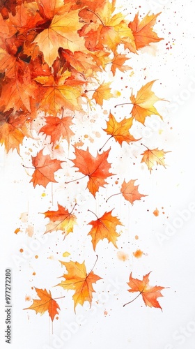 Watercolor Maple Leaves in Autumn Breeze on White Background