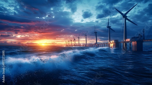 Eco-Friendly Ocean Wave Power Station at Vibrant Dusk Seascape