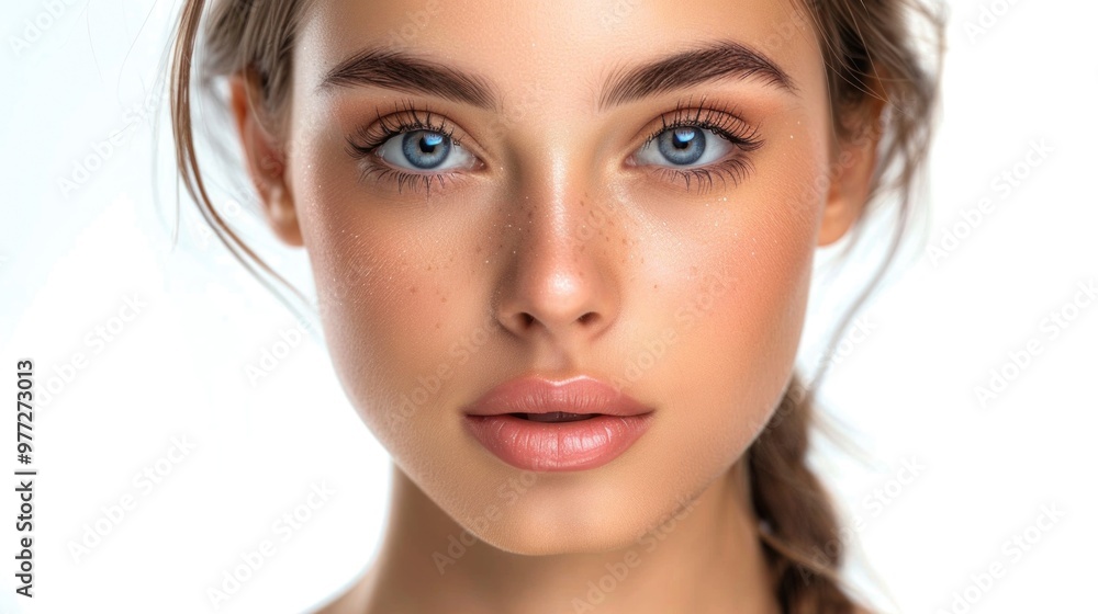 A close-up shot of a woman's face with bright blue eyes A close-up shot of a woman's face with bright blue eyes