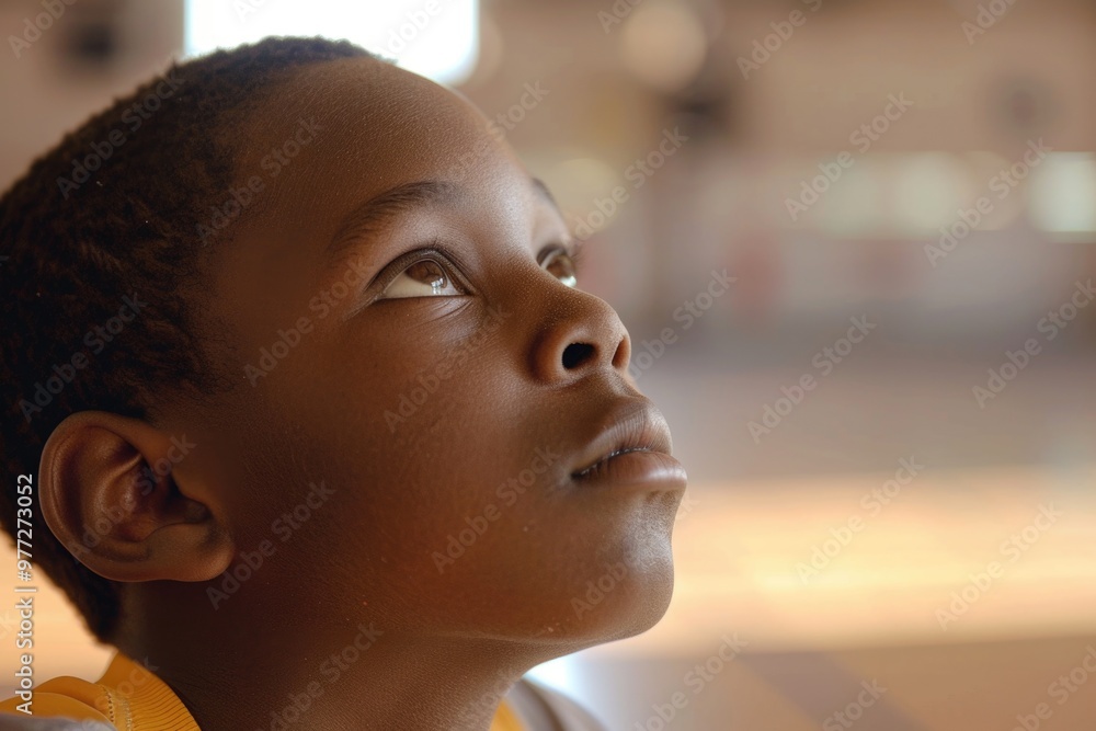 A young boy admiring the sky with a curious expression A young boy admiring the sky with a curious expression