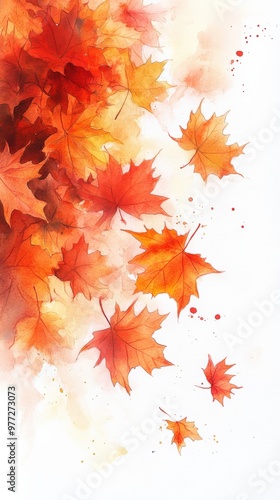 Watercolor Maple Leaves in Autumn Breeze on White Background