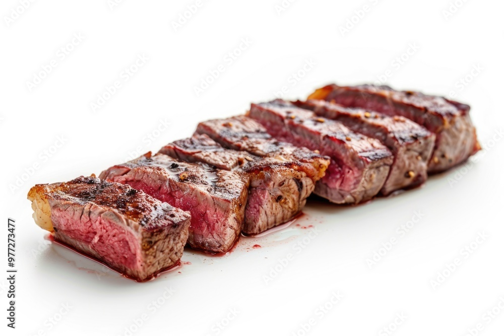 A juicy piece of steak placed on a clean and white surface, ideal for photography or culinary use A juicy piece of steak placed on a clean and white surface, ideal for photography or culinary use