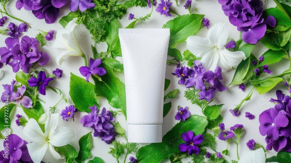 A clean white tube mockup surrounded by vibrant purple and white flowers, perfect for beauty, skincare, or natural product promotions. A clean white tube mockup surrounded by vibrant purple and white flowers, perfect for beauty, skincare, or natural product promotions.