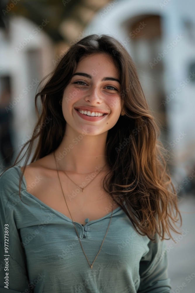 A happy woman with long brown hair smiling directly at the camera A happy woman with long brown hair smiling directly at the camera