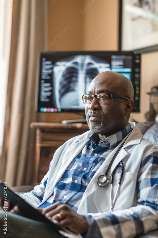 A doctor sitting in a chair, wearing a stethoscope A doctor sitting in a chair, wearing a stethoscope