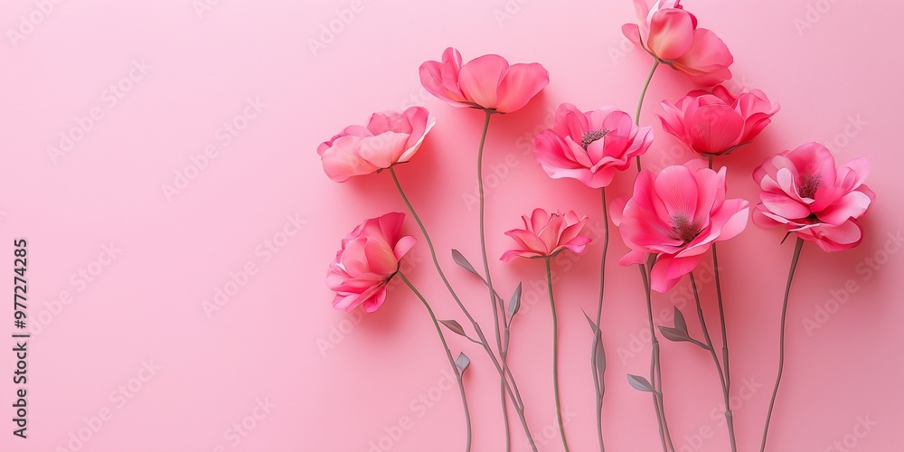 A beautiful arrangement of pink paper flowers against a soft pink backdrop, creating a serene and delicate floral scene. A beautiful arrangement of pink paper flowers against a soft pink backdrop, creating a serene and delicate floral scene.