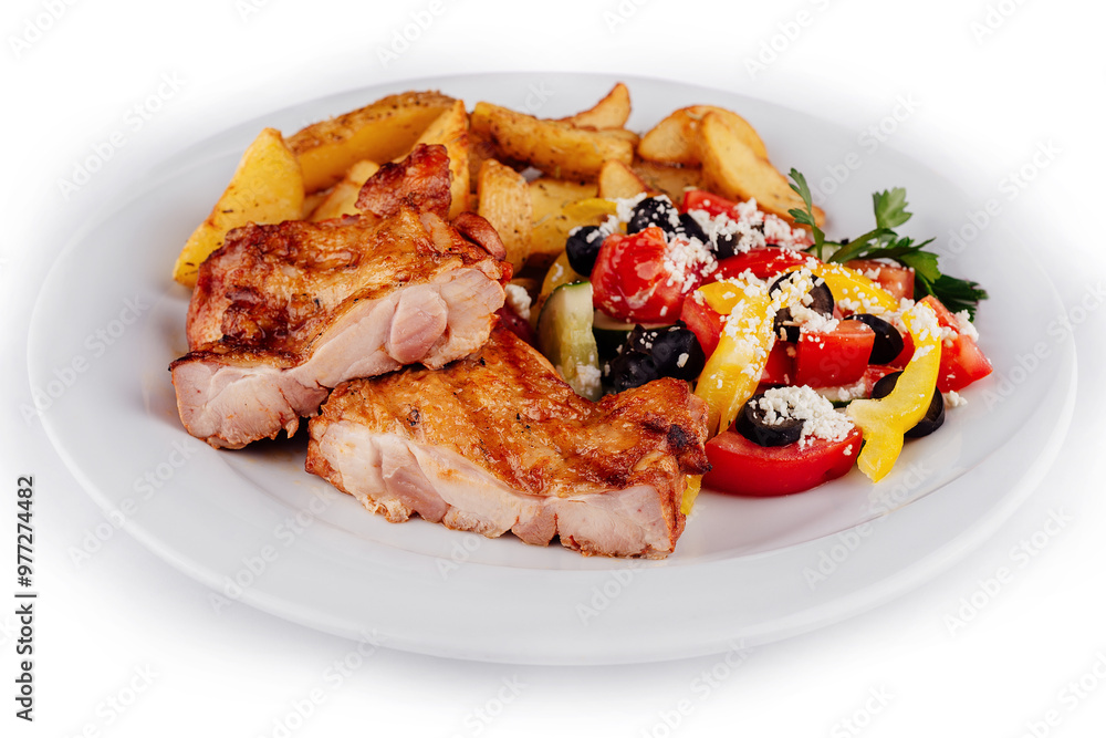 Grilled chicken breast on white plate lying next to salad and potatoes Grilled chicken breast on white plate lying next to salad and potatoes