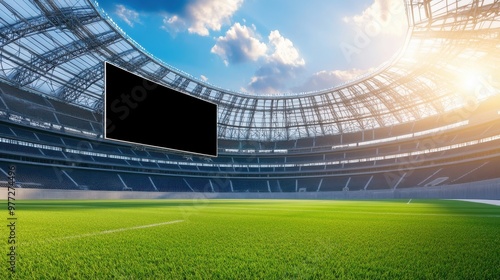 Empty Modern Soccer Stadium with Blank Scoreboard photo