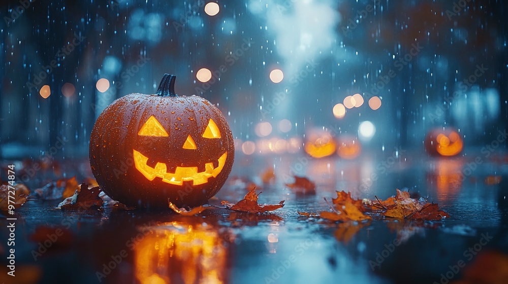 halloween pumpkin on the ground surrounded by leaves during the rain halloween pumpkin on the ground surrounded by leaves during the rain
