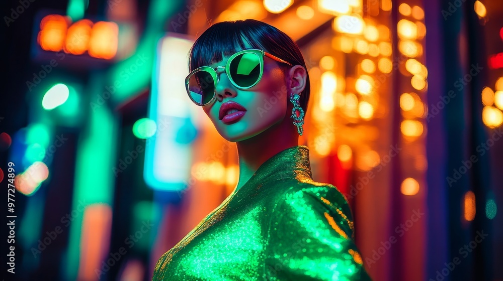 Obraz premium Glamorous woman in emerald green dress and oval sunglasses under neon lights on vibrant city street at night with bokeh lights, cinematic atmosphere.