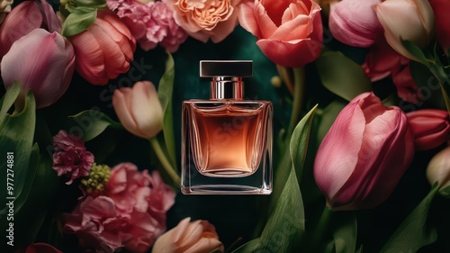 Elegant perfume bottle mockup surrounded by colorful tulips, showcasing beauty and luxury in a floral setting.
