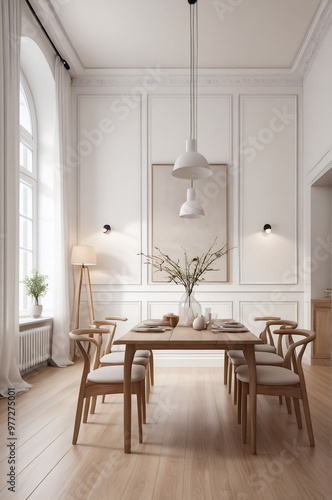Modern Scandinavian Dining Room with Minimalist Design and Natural Elements