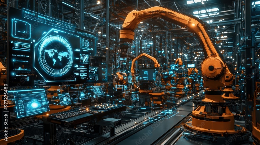 A futuristic industrial setting with robots and computer monitors A futuristic industrial setting with robots and computer monitors