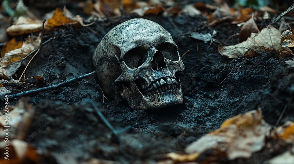 Human skull lying on the ground surrounded by dead leaves Human skull lying on the ground surrounded by dead leaves