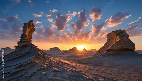 Mystic Light of Desert Yardan Landform, Spectacle at Sunrise and Sunset photo