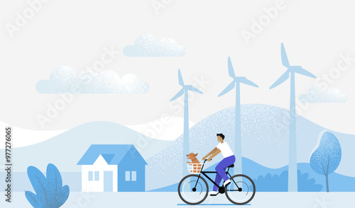 Man rides bicycle through eco landscape on a sunny day. Vector flat