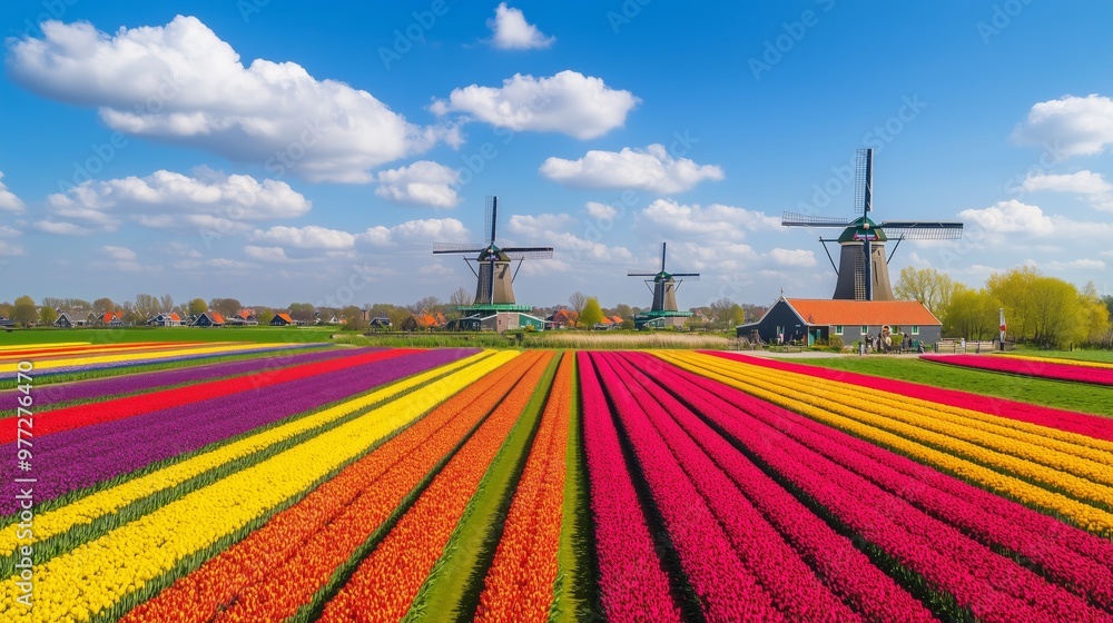 Drone footage shows vibrant tulip fields and classic windmills, showcasing Holland's spring beauty.