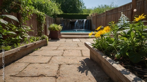 Wallpaper Mural Courtyard with Waterfall, Forest, Nature, Summer, Sky, Sun, Trees, Clouds, Grass, Plants, Flowers, Sunset, Water Torontodigital.ca