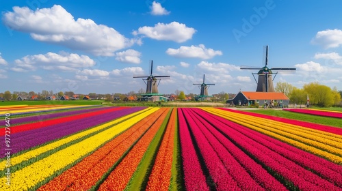 Drone footage shows vibrant tulip fields and classic windmills, showcasing Holland's spring beauty.