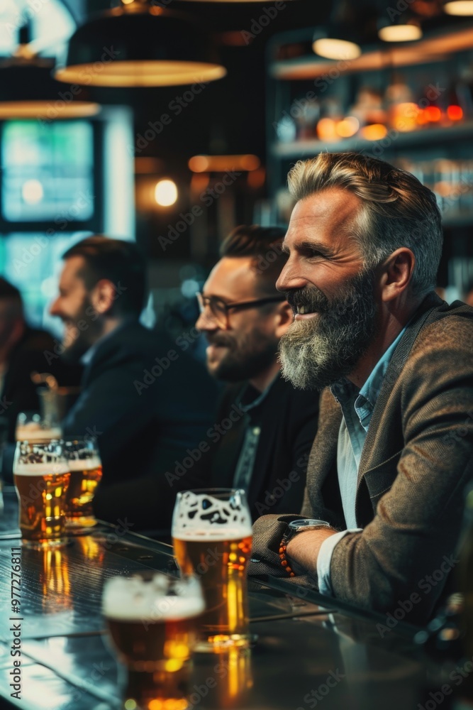 A group of friends socializing over drinks at a bar, perfect for use in marketing campaigns or editorial content about social gatherings A group of friends socializing over drinks at a bar, perfect for use in marketing campaigns or editorial content about social gatherings