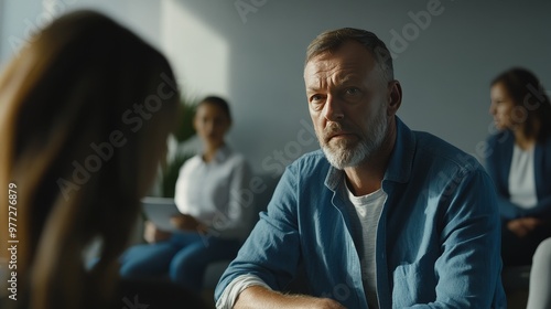 Mid adult man participating in group therapy session at a mental health center, engaging in supportive discussion with peers to promote mental wellness, healing, and emotional support