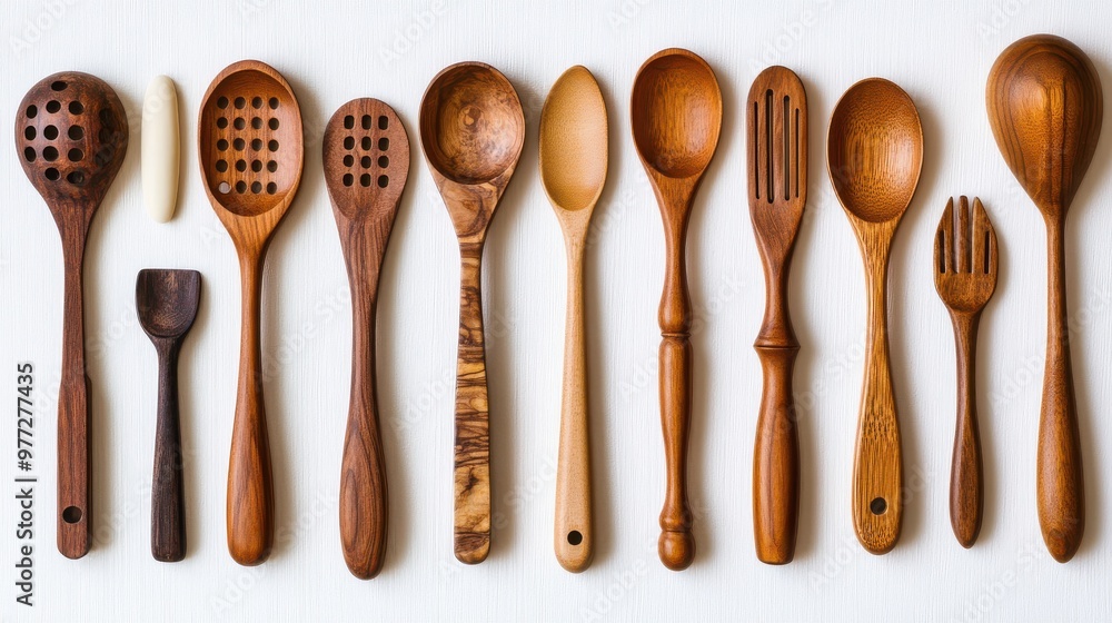 Assorted kitchen utensils with wooden handles neatly arranged on a white surface Assorted kitchen utensils with wooden handles neatly arranged on a white surface