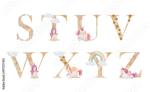 Watercolor unicorns letters.